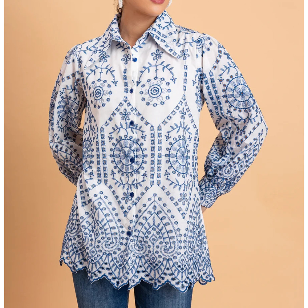 Frime White & Blue Schiffli Embroidery Pure Cotton Shirt S/M A005593